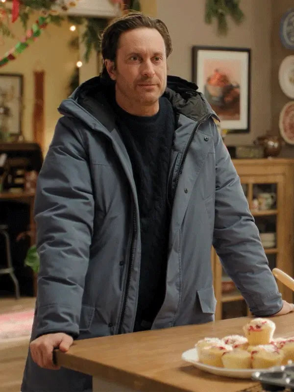 A Merry Little Ex-Mas 2025 Oliver Hudson Grey Hooded Jacket