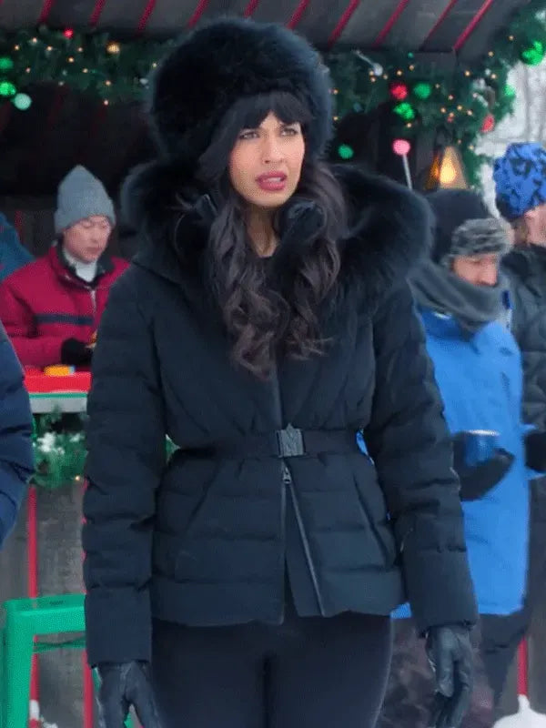 A Merry Little Ex-Mas Jameela Jamil Black Puffer Jacket