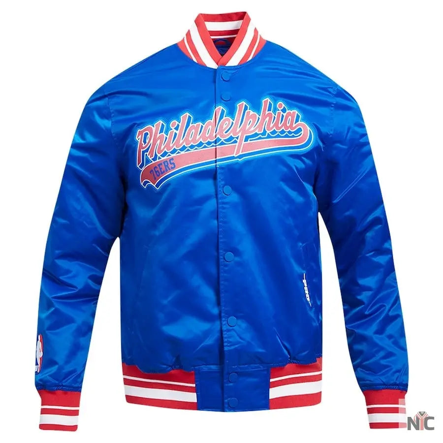 Philadelphia 76ers Script Tail Royal Satin Varsity Jacket Clanton Jacket