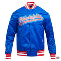 Philadelphia 76ers Script Tail Royal Satin Varsity Jacket Clanton Jacket