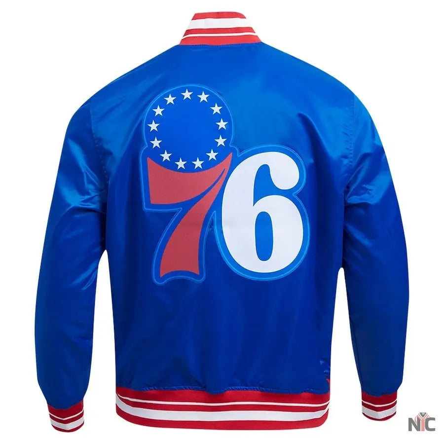 Philadelphia 76ers Script Tail Royal Satin Varsity Jacket Clanton Jacket