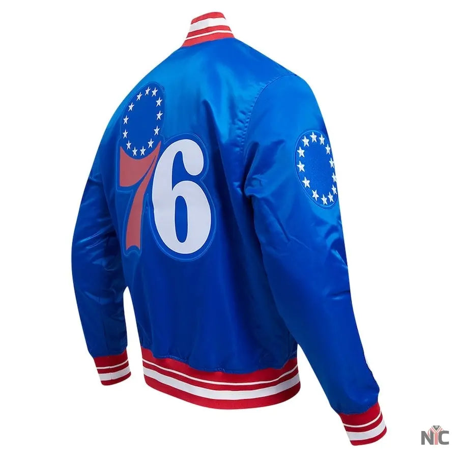 Philadelphia 76ers Script Tail Royal Satin Varsity Jacket Clanton Jacket