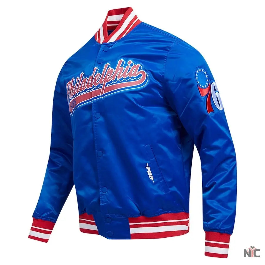 Philadelphia 76ers Script Tail Royal Satin Varsity Jacket Clanton Jacket