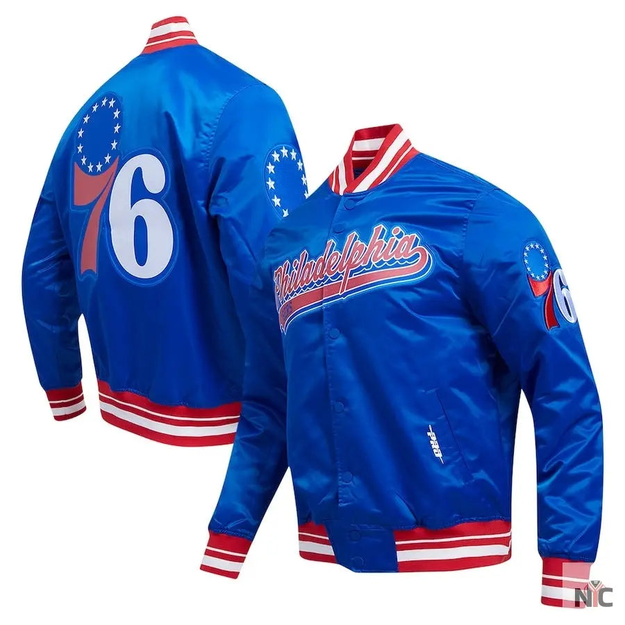 Philadelphia 76ers Script Tail Royal Satin Varsity Jacket Clanton Jacket