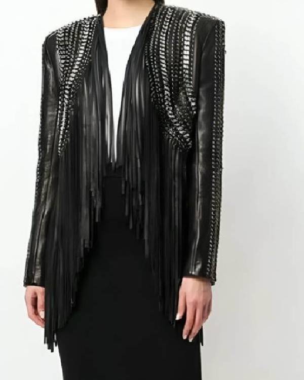 The Voice Reba McEntire Black Fringed Leather Jacket